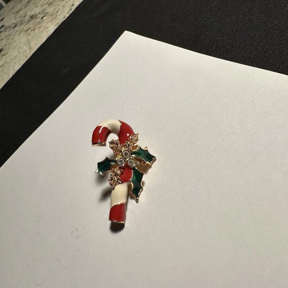 Avon Jewelry - Avon Tack Lapel Pin Gold Tone Enamel Candy Cane Rhinestone Christmas Holiday